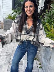 POL Beige PLaid Ballon Sleeve Hoddie
