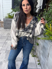 POL Beige PLaid Ballon Sleeve Hoddie