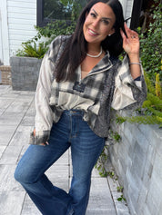 POL Beige PLaid Ballon Sleeve Hoddie