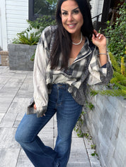 POL Beige PLaid Ballon Sleeve Hoddie