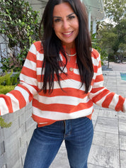 Cozy Co Knit Orange and Ceam Stripe Vcut Knit Sweater