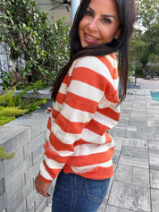 Cozy Co Knit Orange and Ceam Stripe Vcut Knit Sweater