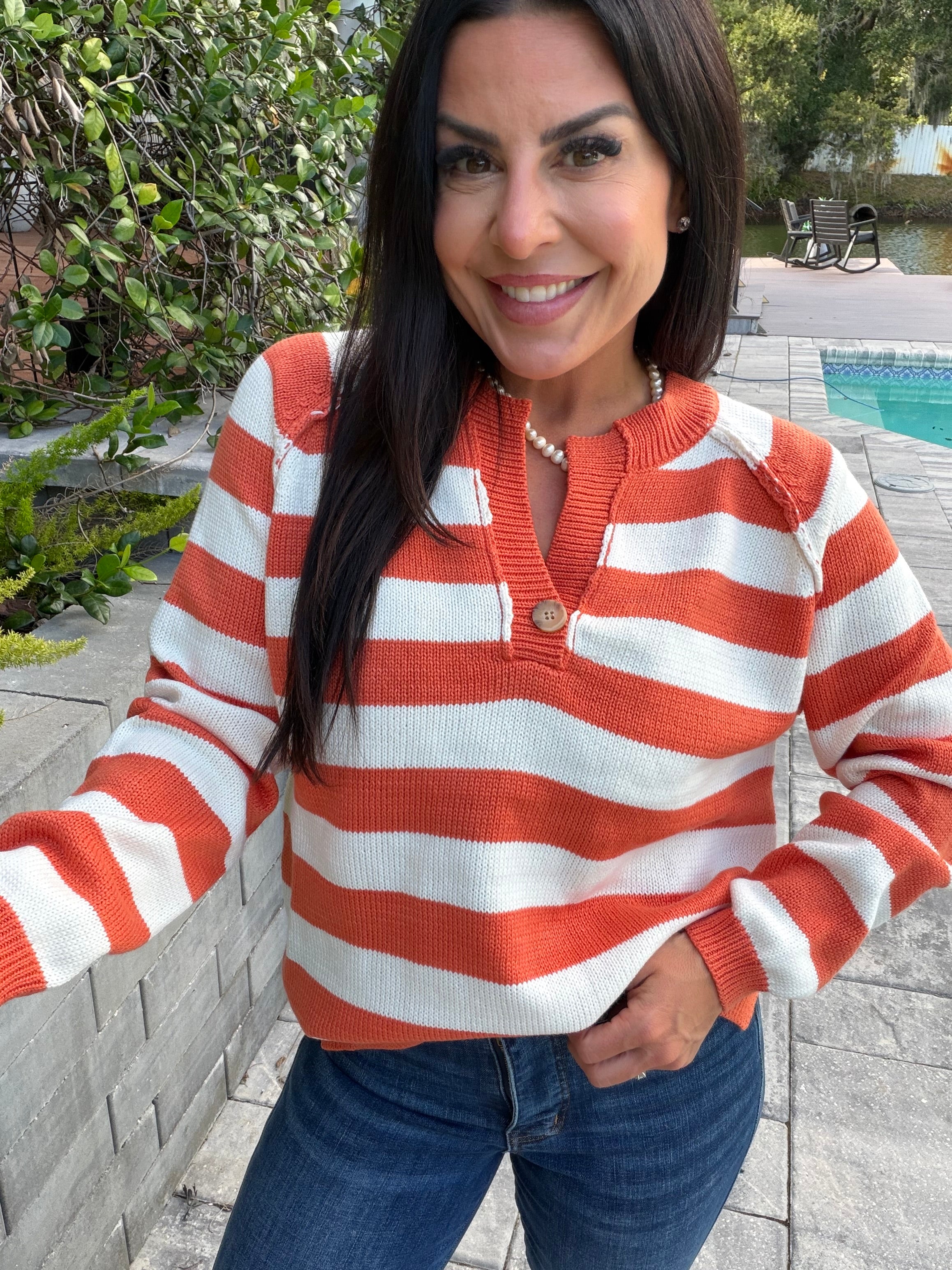 Cozy Co Knit Orange and Ceam Stripe Vcut Knit Sweater