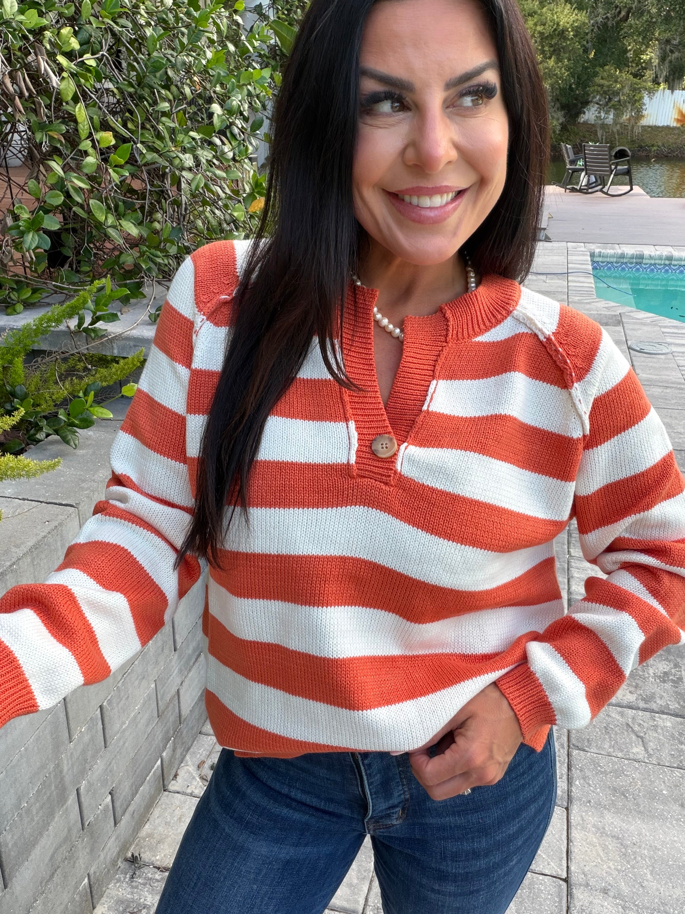 Cozy Co Knit Orange and Ceam Stripe Vcut Knit Sweater