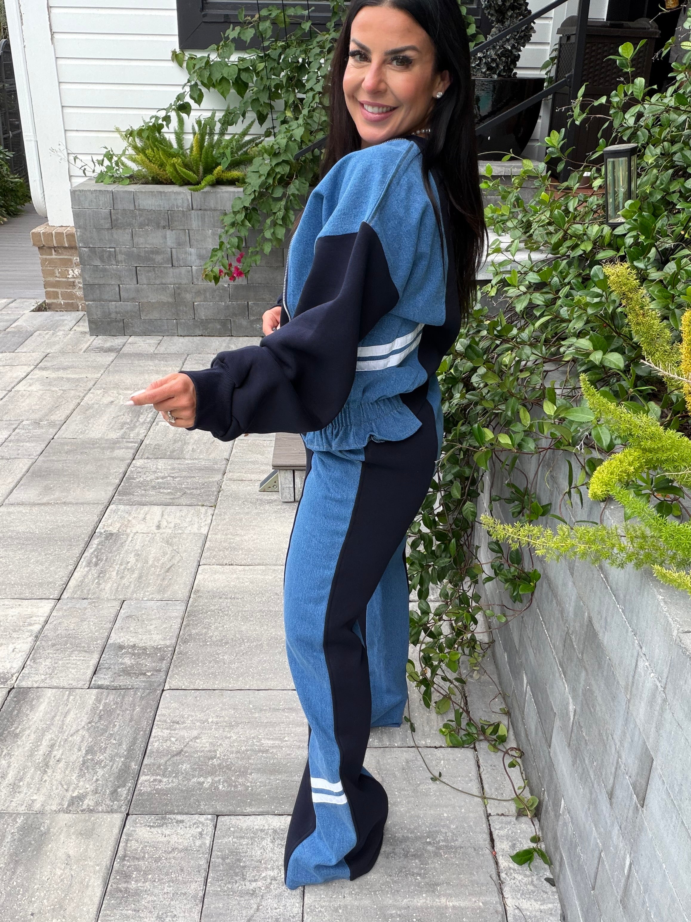 Navy Blue and Denim Crewneck and Pants Luxe Set