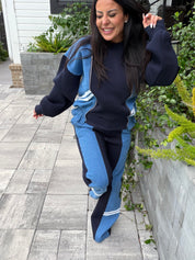 Navy Blue and Denim Crewneck and Pants Luxe Set
