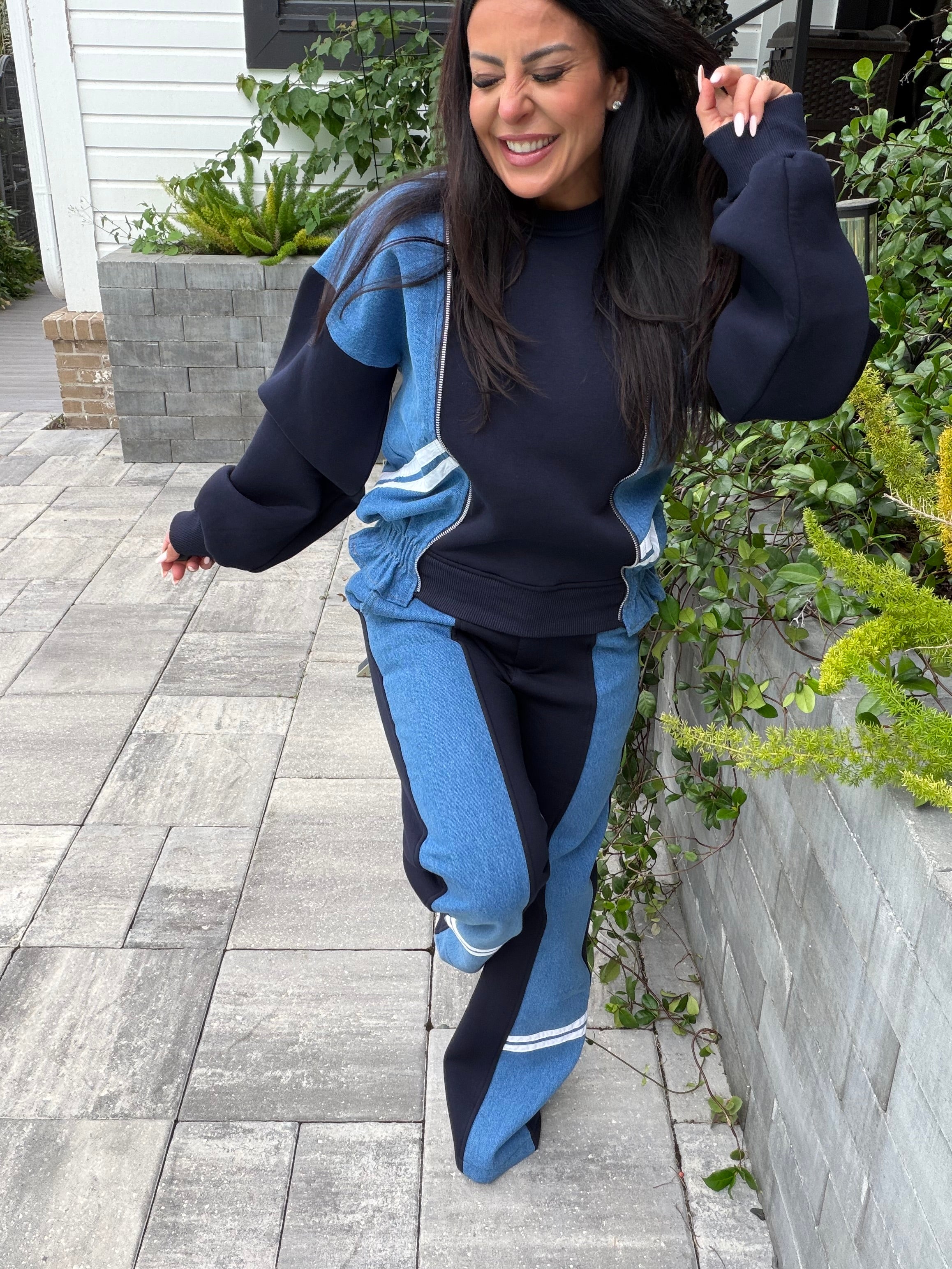 Navy Blue and Denim Crewneck and Pants Luxe Set