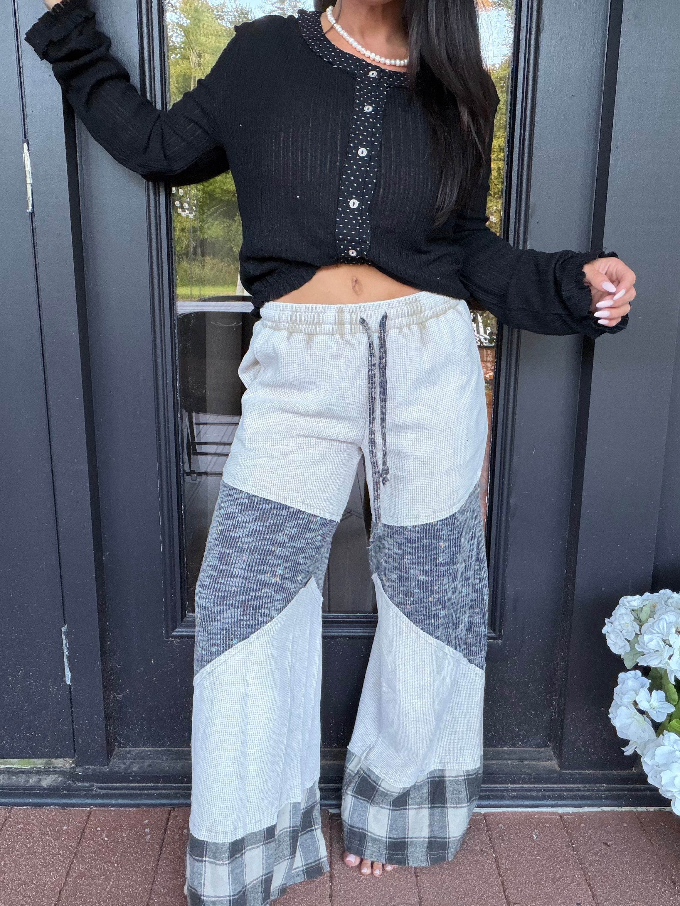 POL Beige Waffle Knit Patchwork Pants