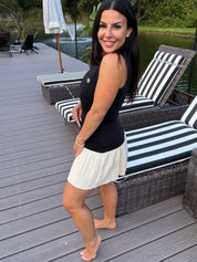 Chic Black and Cream Knit Pleated Mini Dress