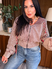 Brown Waffle Knit Crystal Bling POL Hoodie