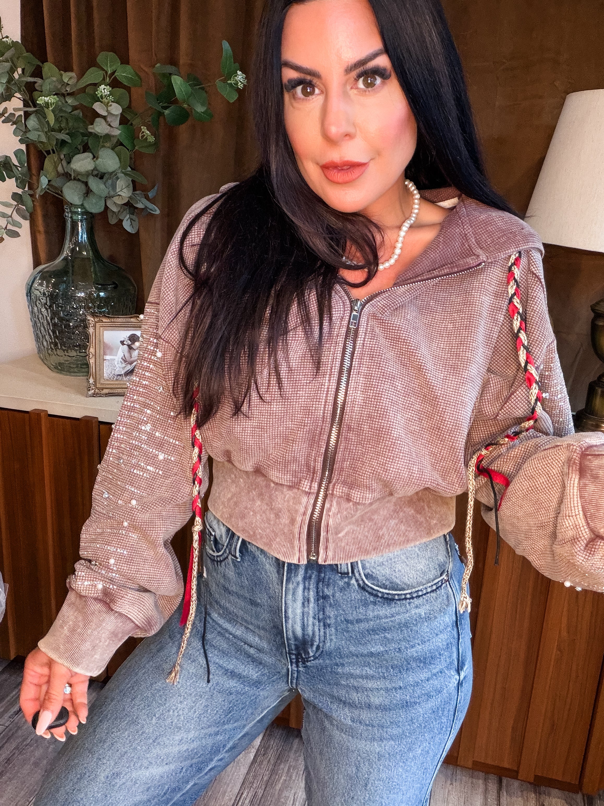 Brown Waffle Knit Crystal Bling POL Hoodie