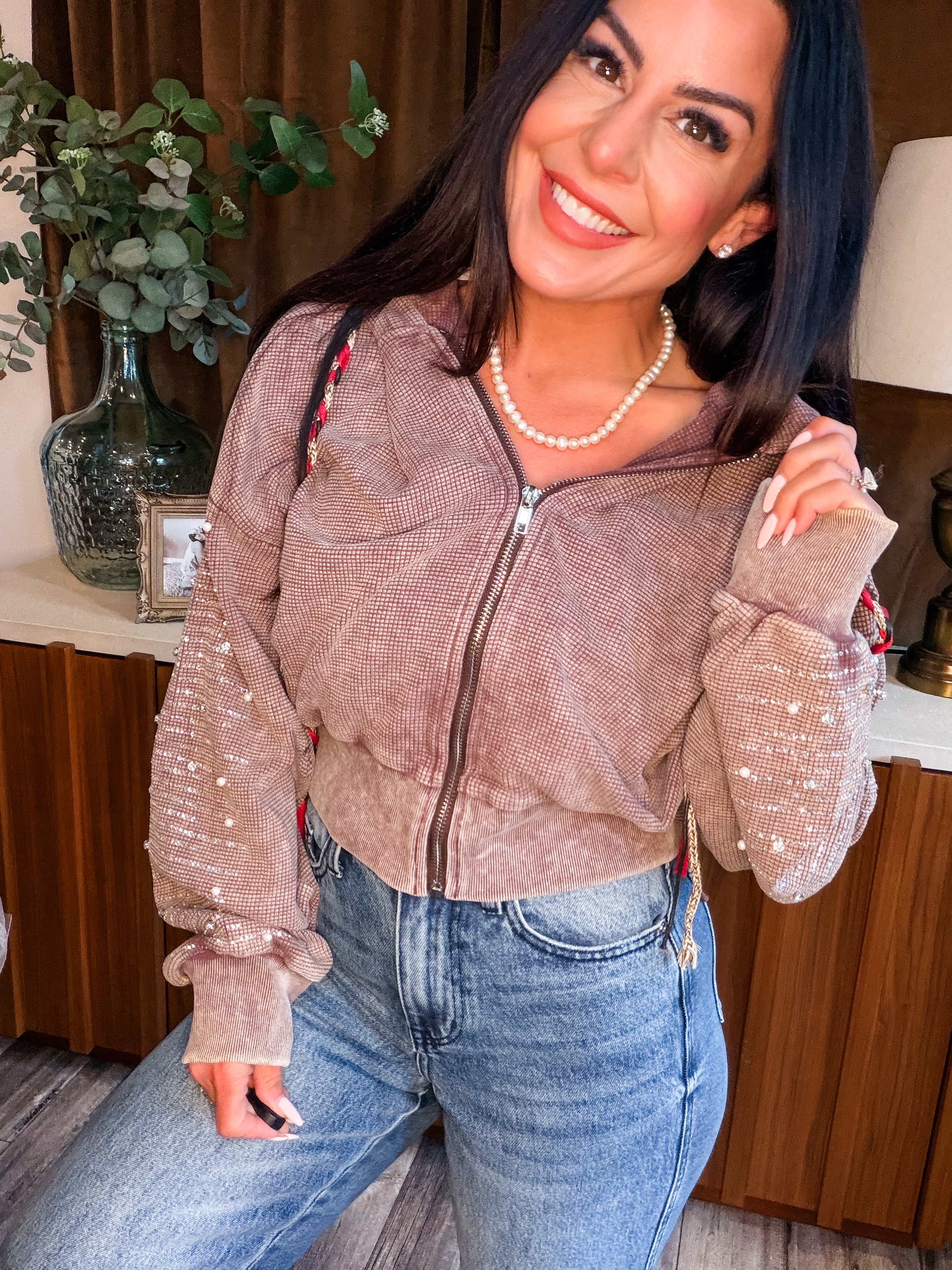 Brown Waffle Knit Crystal Bling POL Hoodie