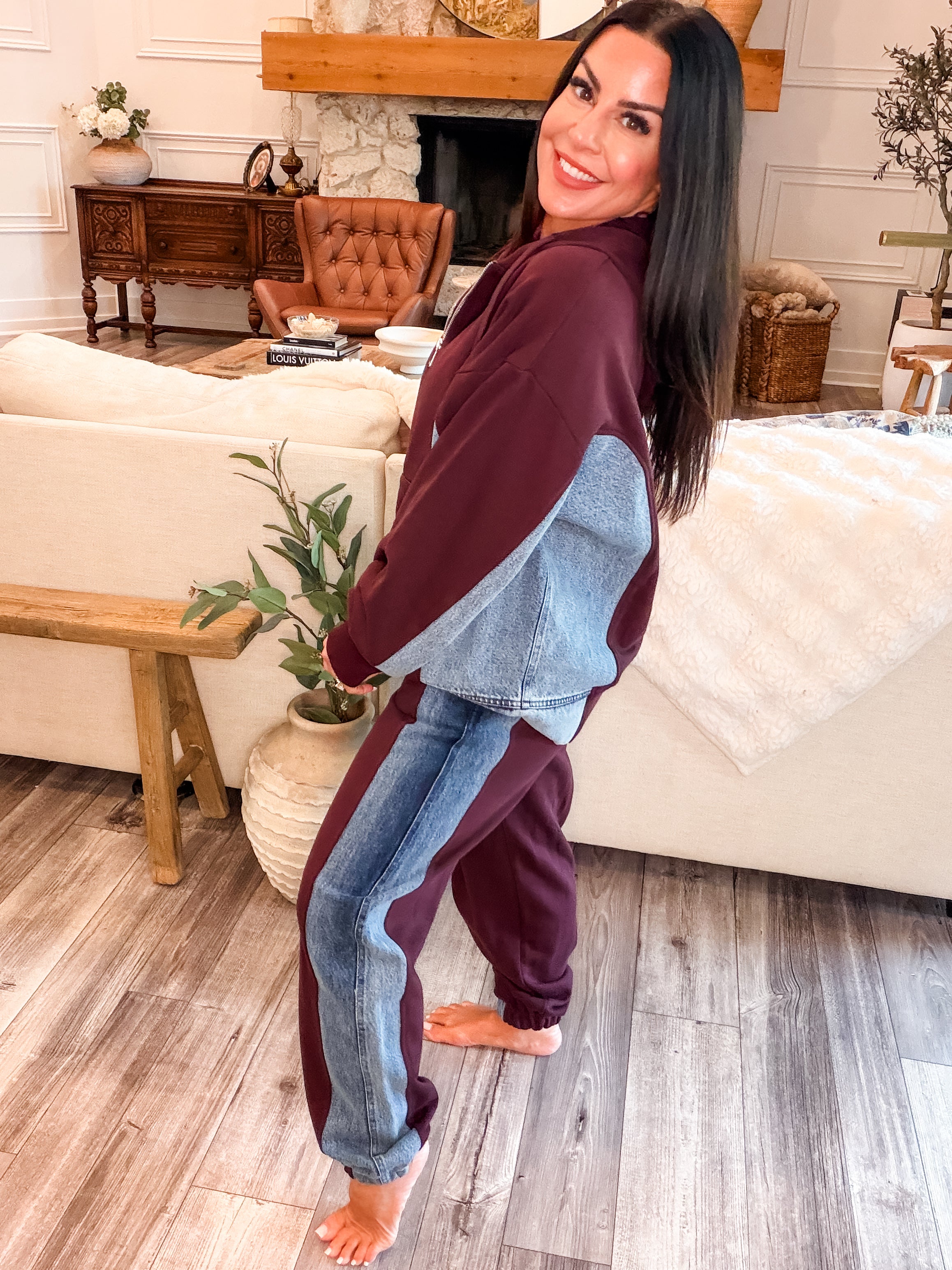 Wine and Denim Jacket and Pants 2 Piece Set