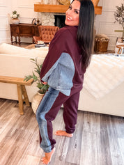 Wine and Denim Jacket and Pants 2 Piece Set