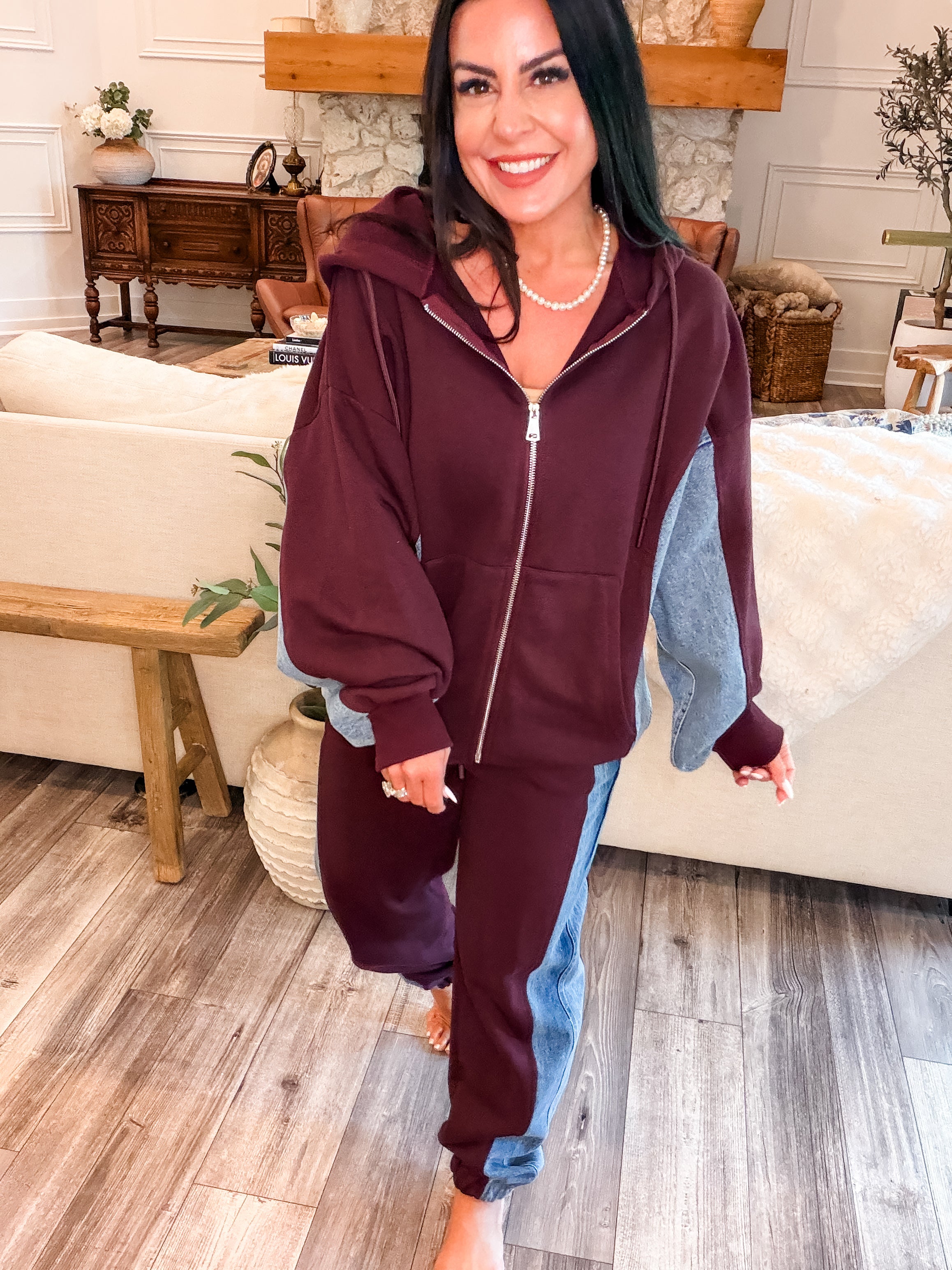 Wine and Denim Jacket and Pants 2 Piece Set