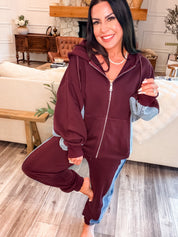 Wine and Denim Jacket and Pants 2 Piece Set