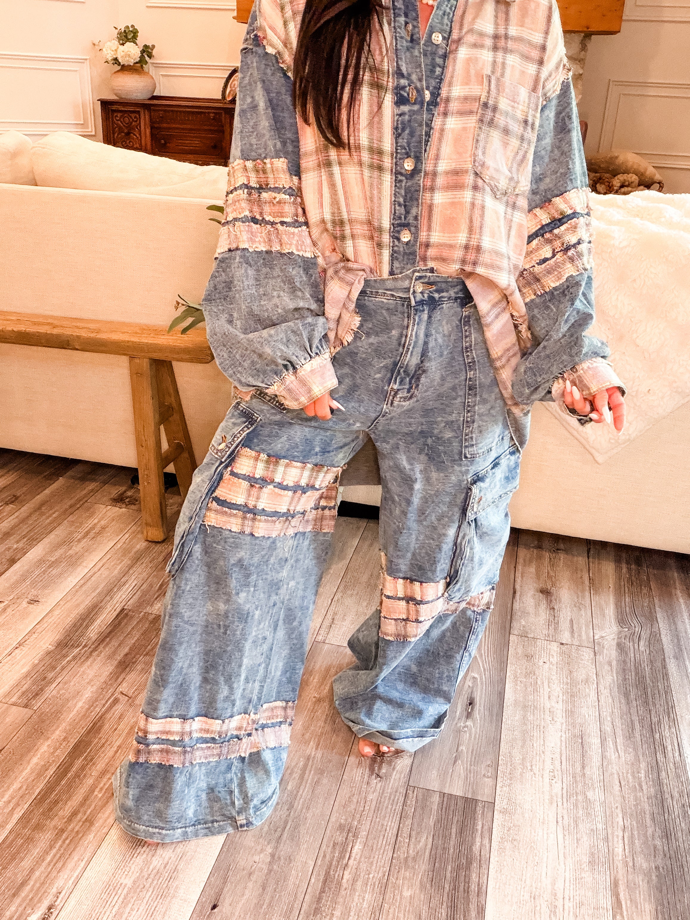 POL Denim Wide lego Plaid Patch Cargo Jeans