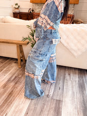 POL Denim Wide lego Plaid Patch Cargo Jeans