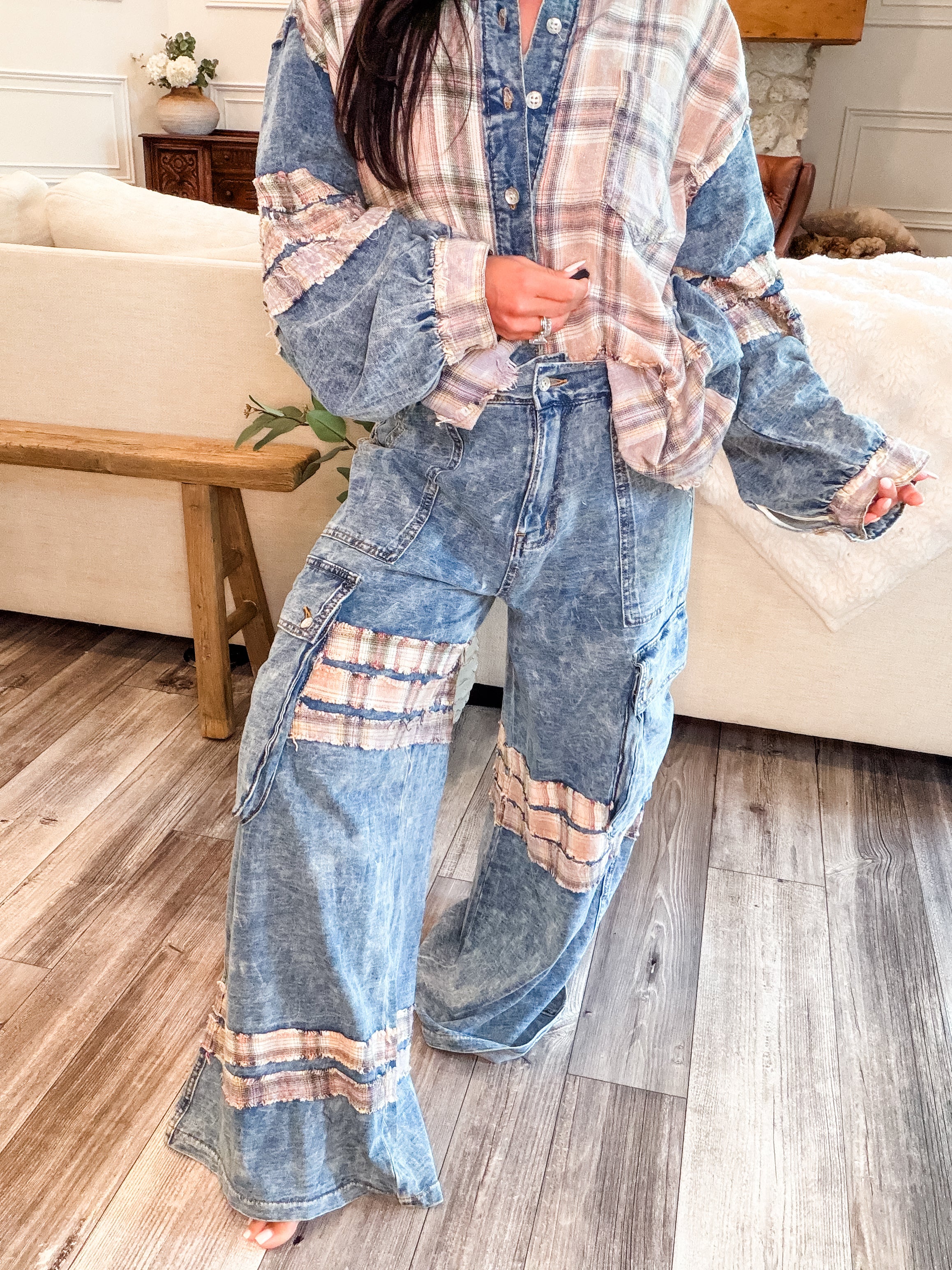 POL Denim Wide lego Plaid Patch Cargo Jeans
