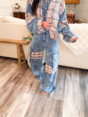 POL Denim Wide lego Plaid Patch Cargo Jeans