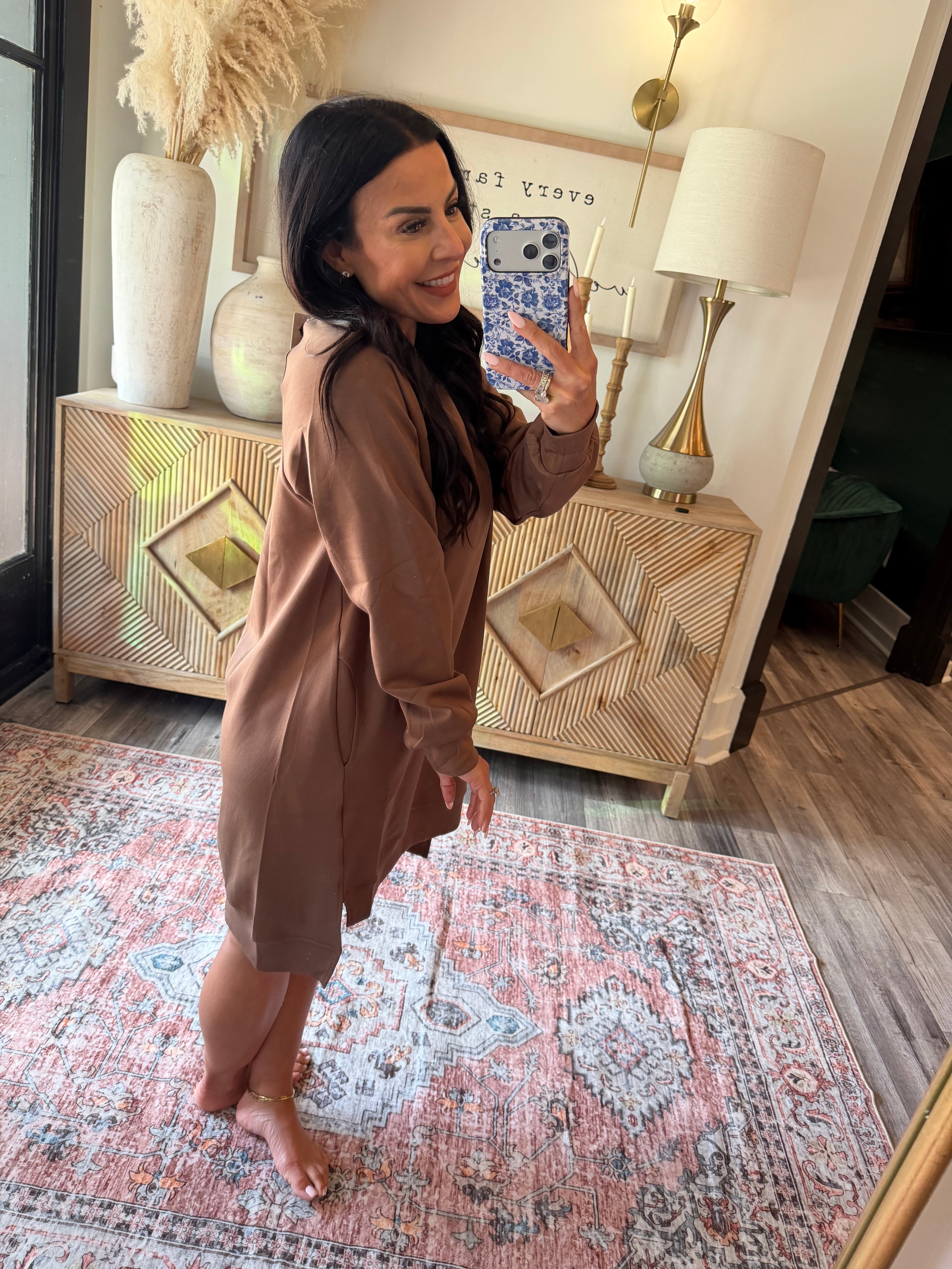 Cozy Co Ultra Soft Brown High Low Long Sleeve Dress