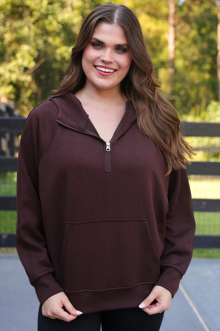 Jess Lea Kayla Luxe Hooded Quarter Zip Pullover Chocolate