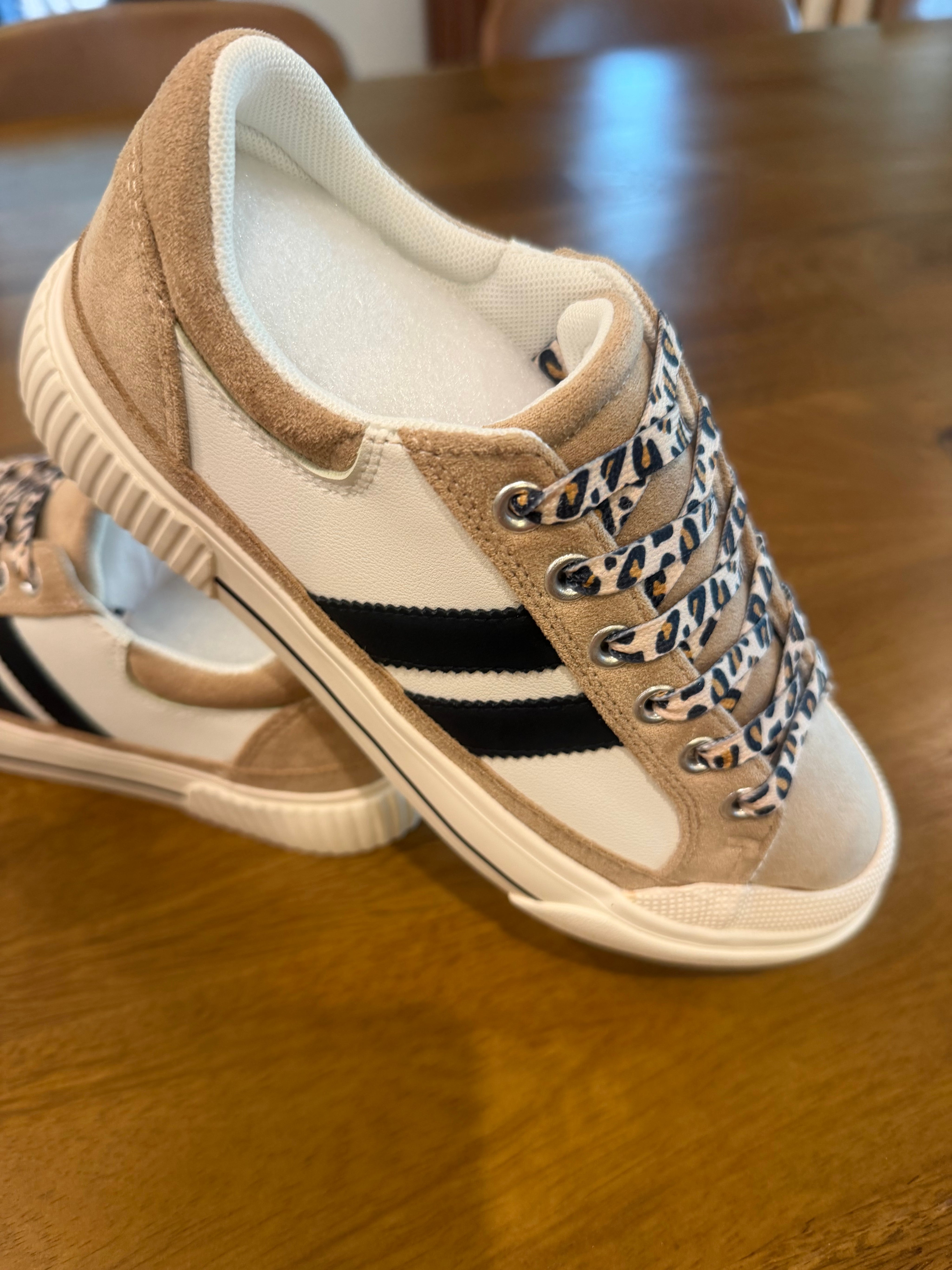 Corky Sand And Black and Cheetah Double Stripe Sneakers