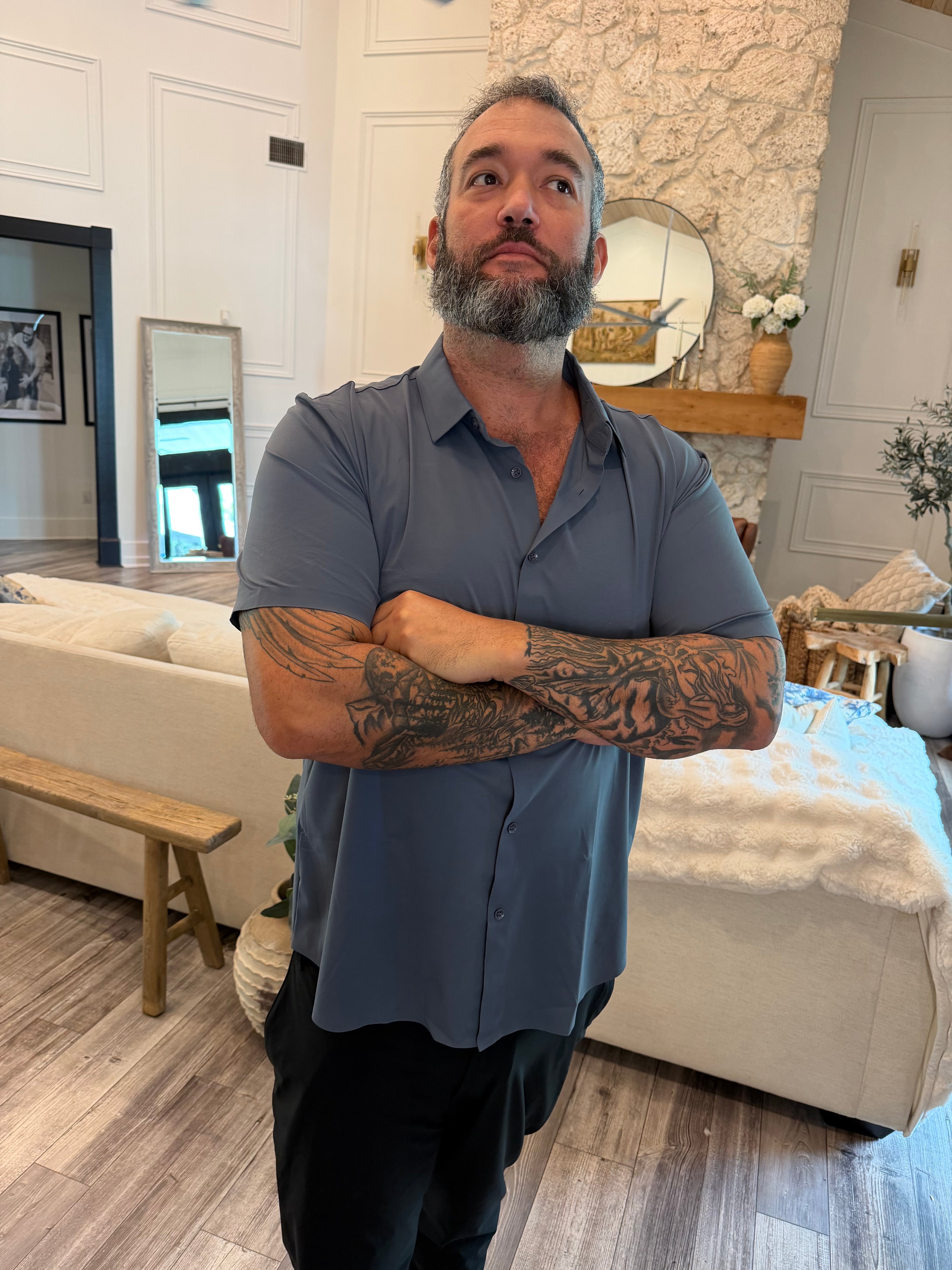 Mens Grey Button Up Luxe Top