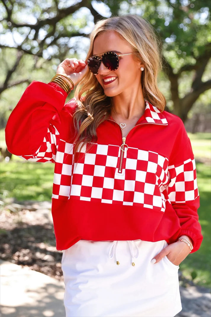 Jess Lea Red Checkered 1/4 Zip Pullover