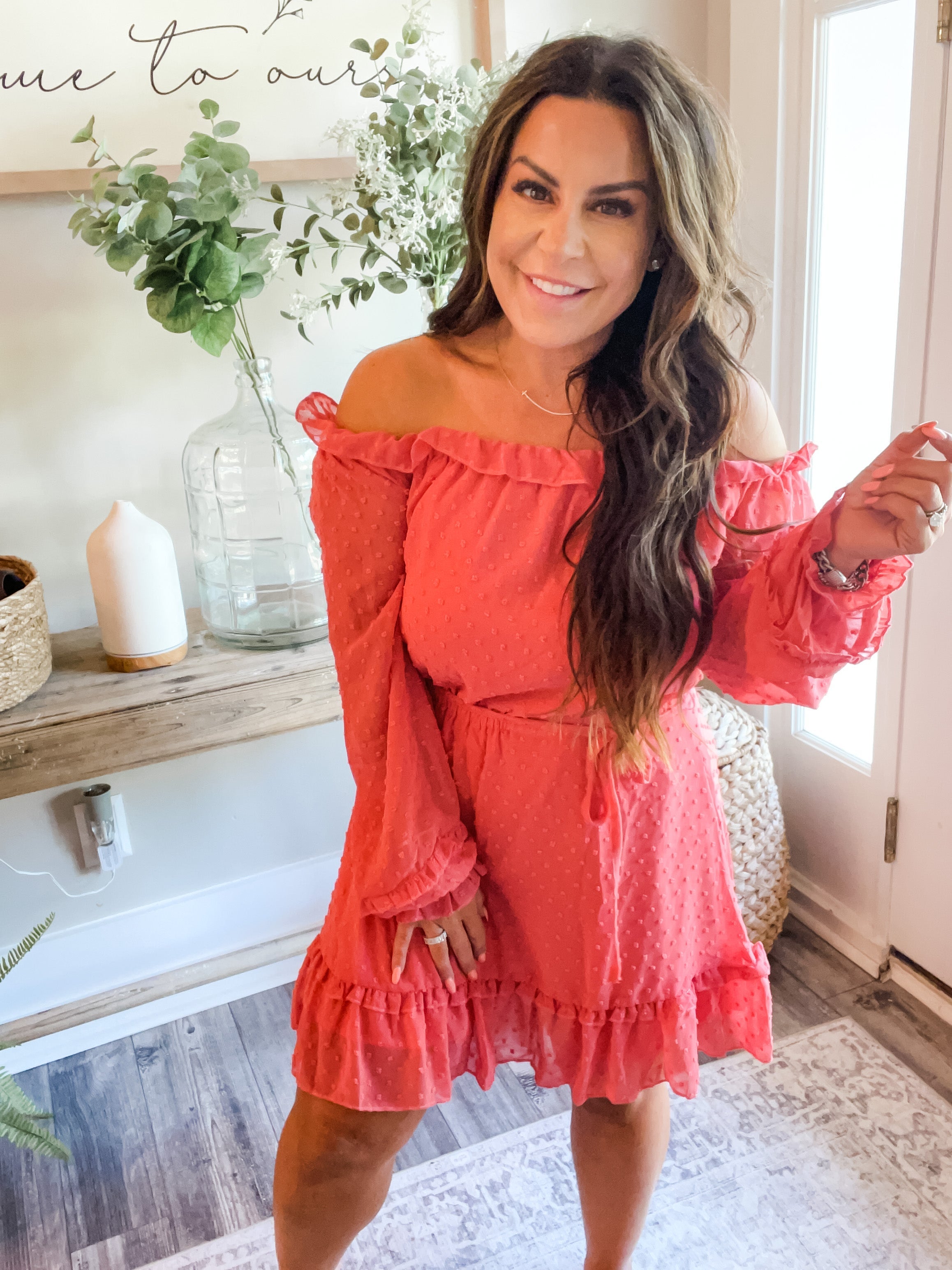 Long Sleeve Off Shoulder Coral Swiss Dot Dress