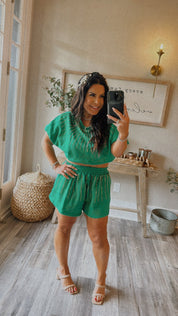 Jeaneane's Custom Green and Gold Sparkle Studded Shorts