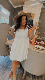 Soft Puckered Ivory Dress With Ruffle Tank Sleeve Dress