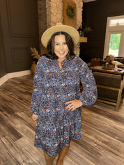 Ultra Soft Brown Purple and Light Blue Paisley Long Sleeve Dress