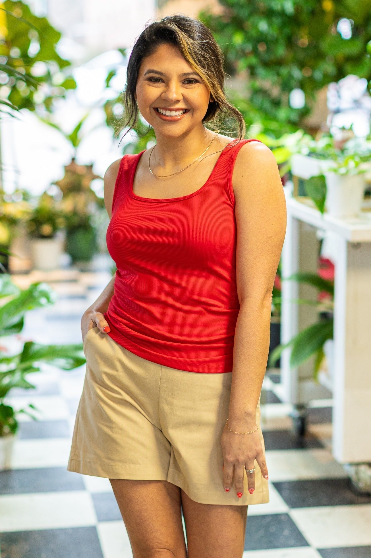Bella Square Neck Rib Knit Tank Top, Red