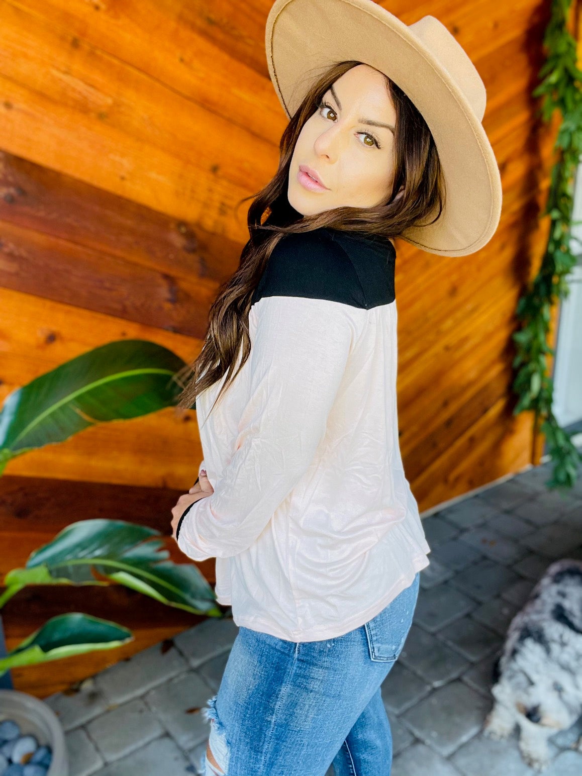 Soft Long Sleeve Color Block Black and Pink Top