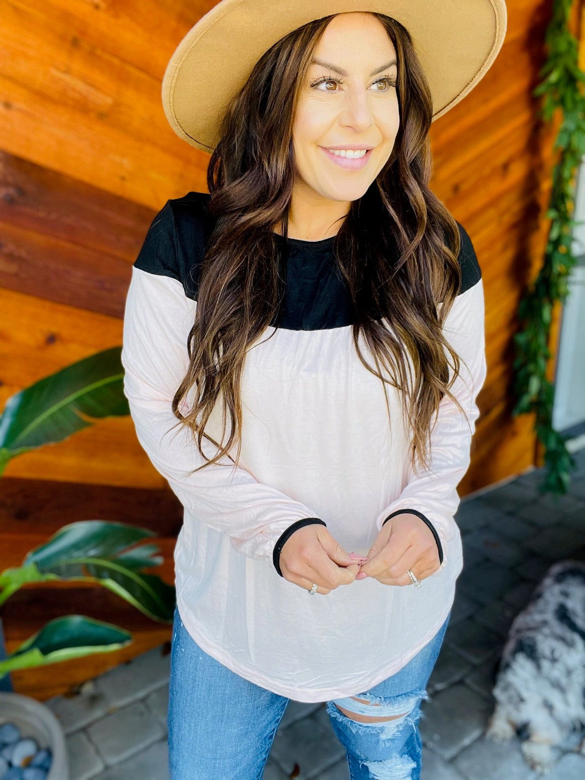 Soft Long Sleeve Color Block Black and Pink Top