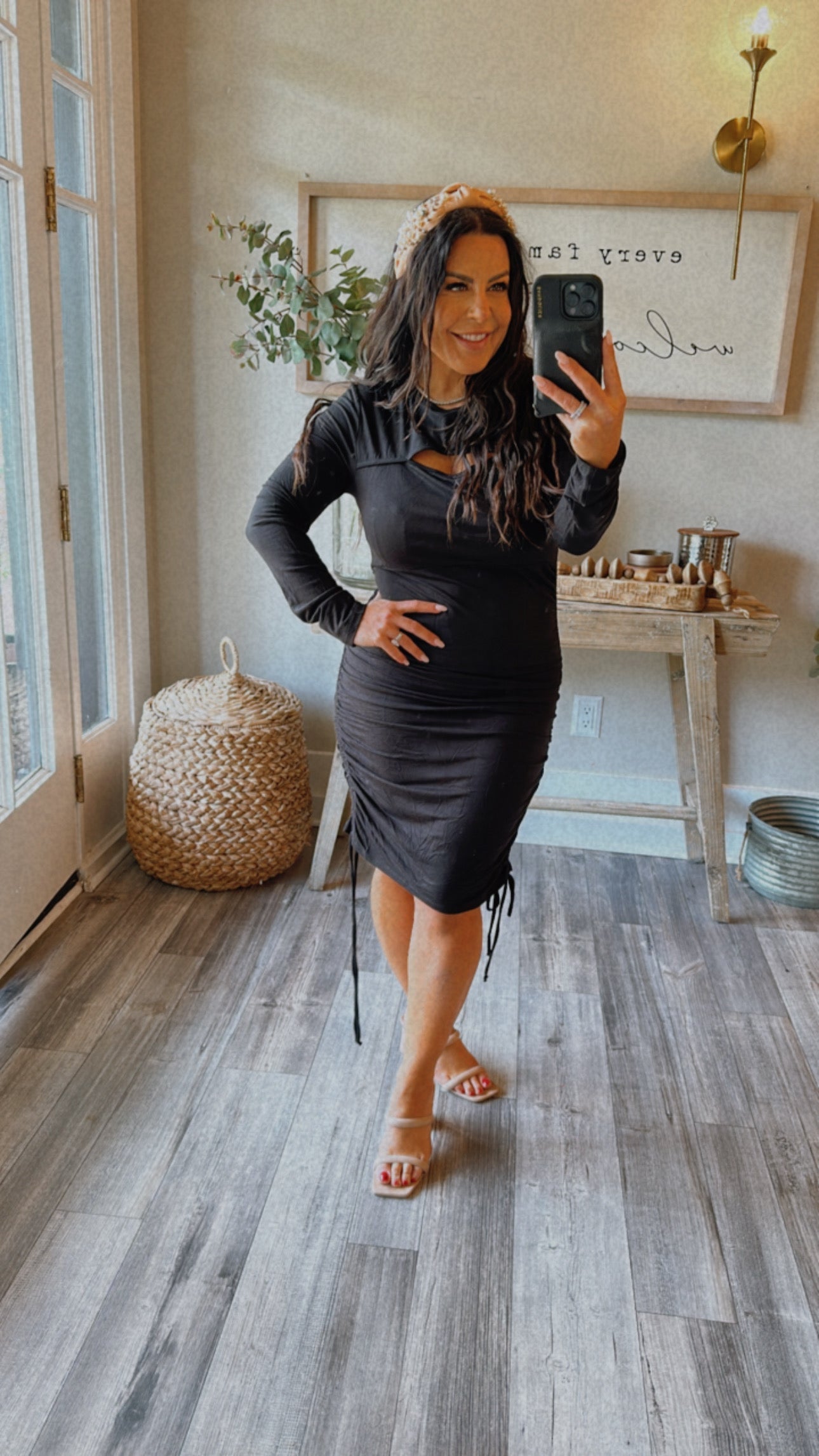 Sassy Black Ruched Button Keyhole Dress