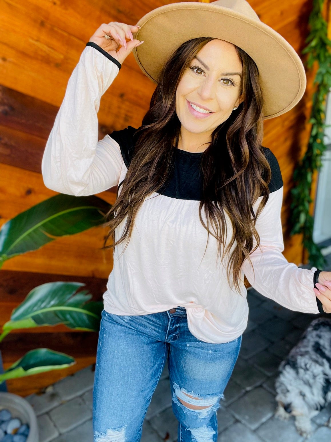 Soft Long Sleeve Color Block Black and Pink Top