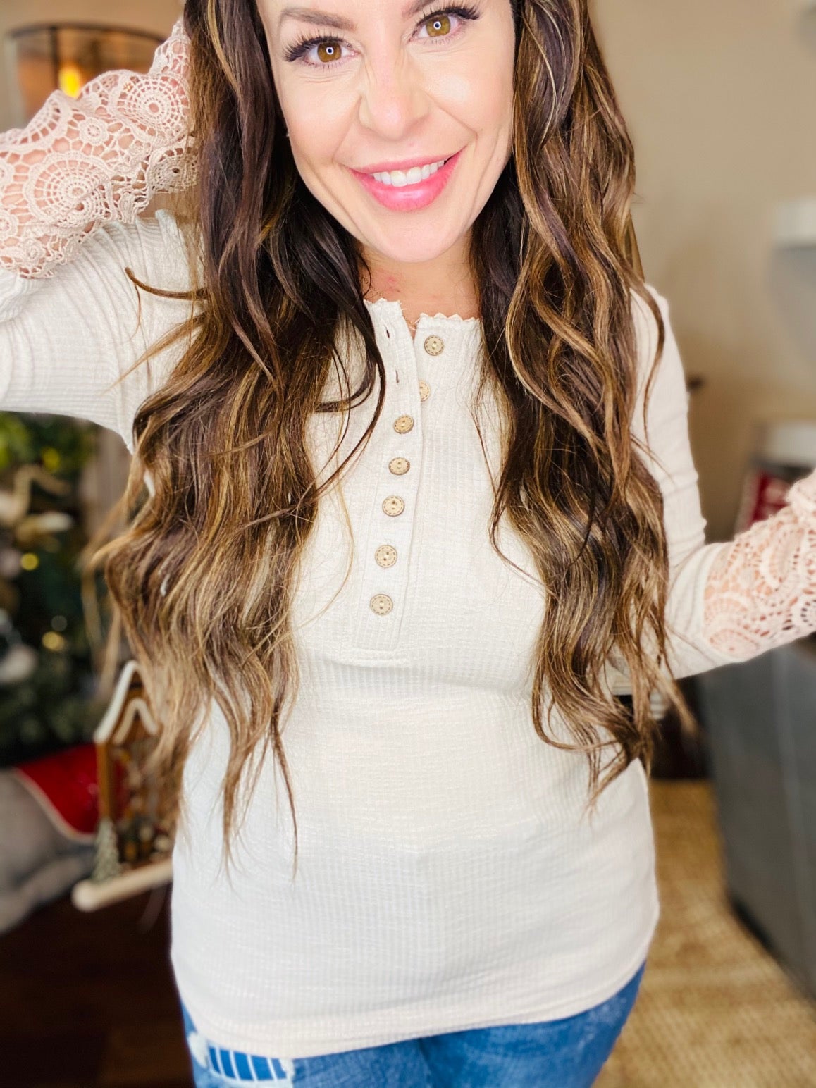 BEIGE  SASSY LACE LOOSE FIT TOP