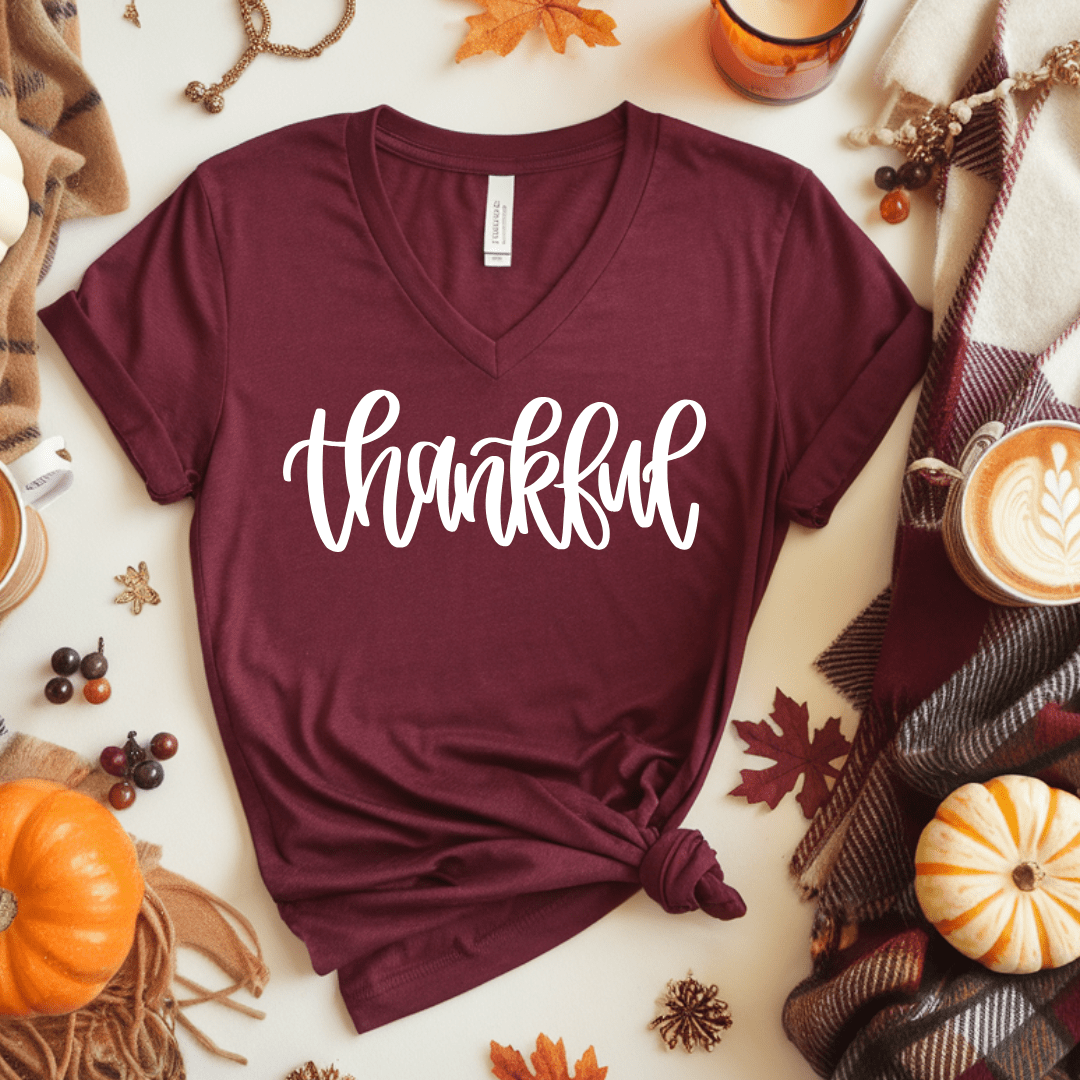 V Neck Thankful Graphic Tee