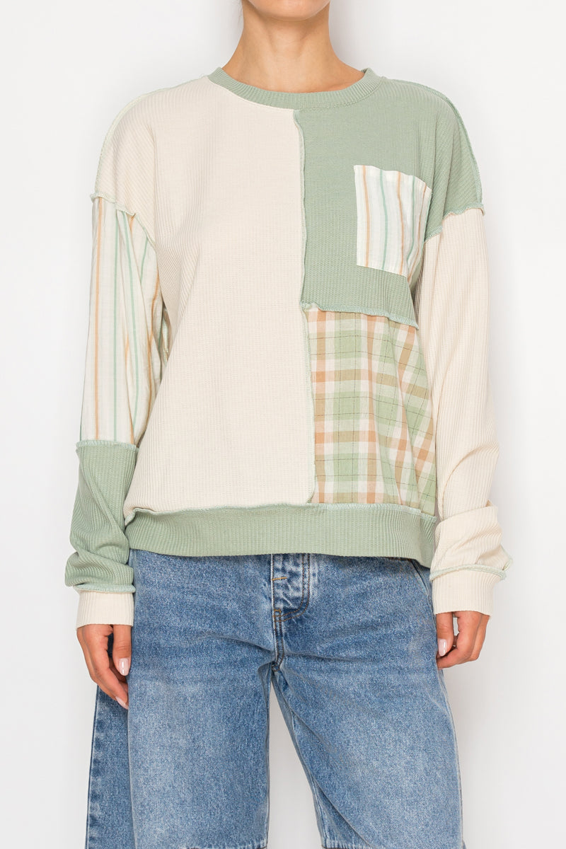 Stitch And Co Sage And Taupe Lightweight Flannel Sweater Top