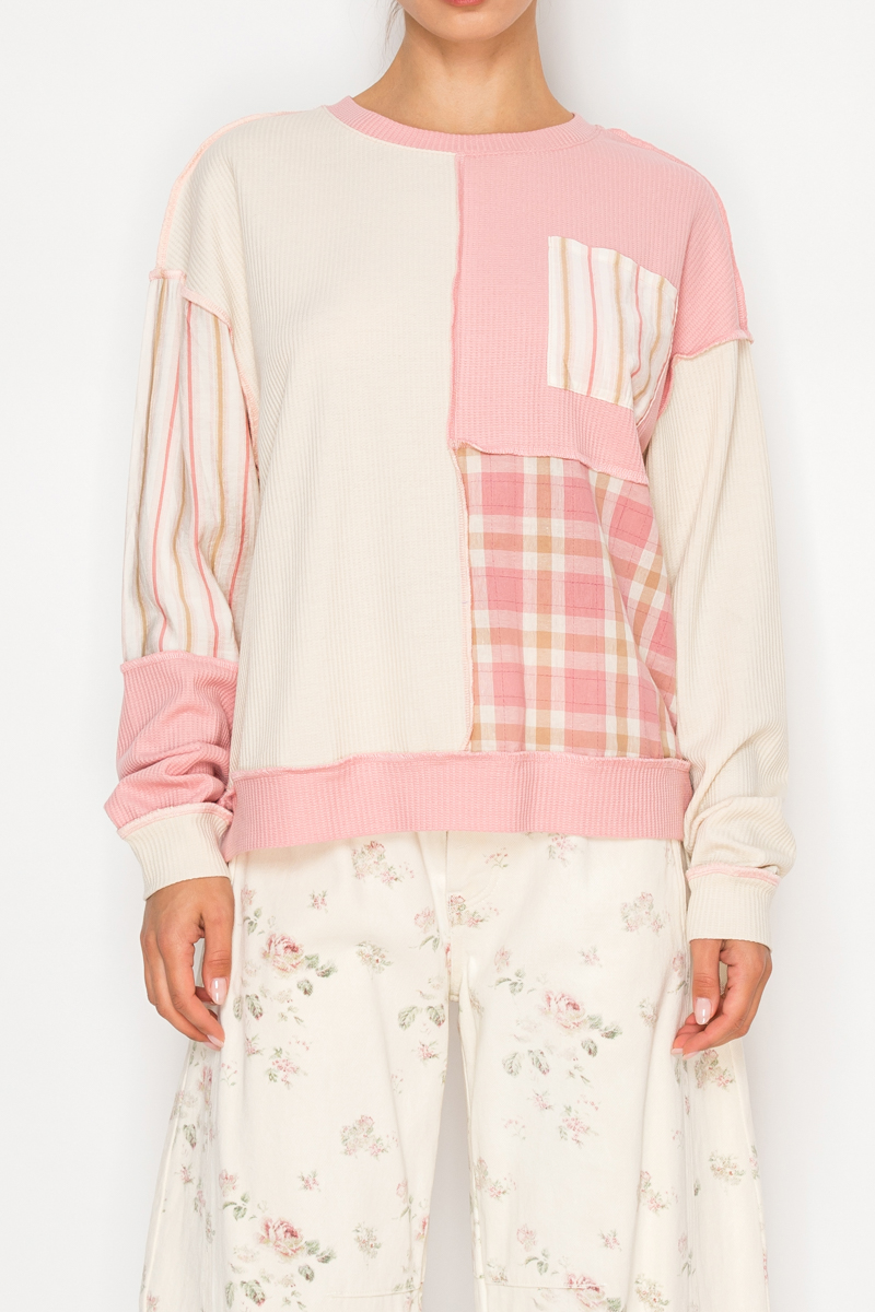Stitch And Co Pink And Taupe Lightweight Flannel Sweater Top