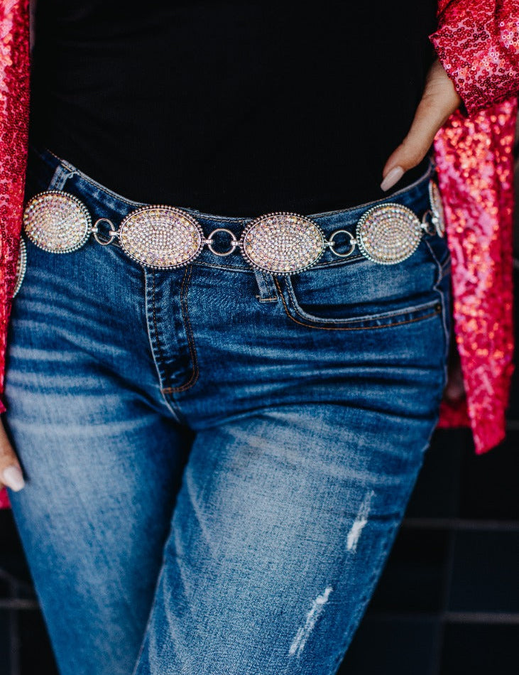 A Weekend In Dallas Oval Iridescent Crystal Concho Link Belt Plus