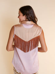 Sleeveless Satin Western Fringe Top