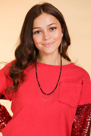 Glitz, Glam, Simple Strands Double Beaded Black Necklace with A Gold Chain