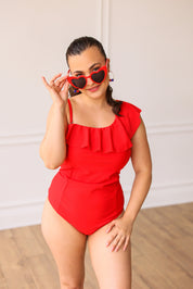 One Shoulder Ruffled One Piece Swim, Red