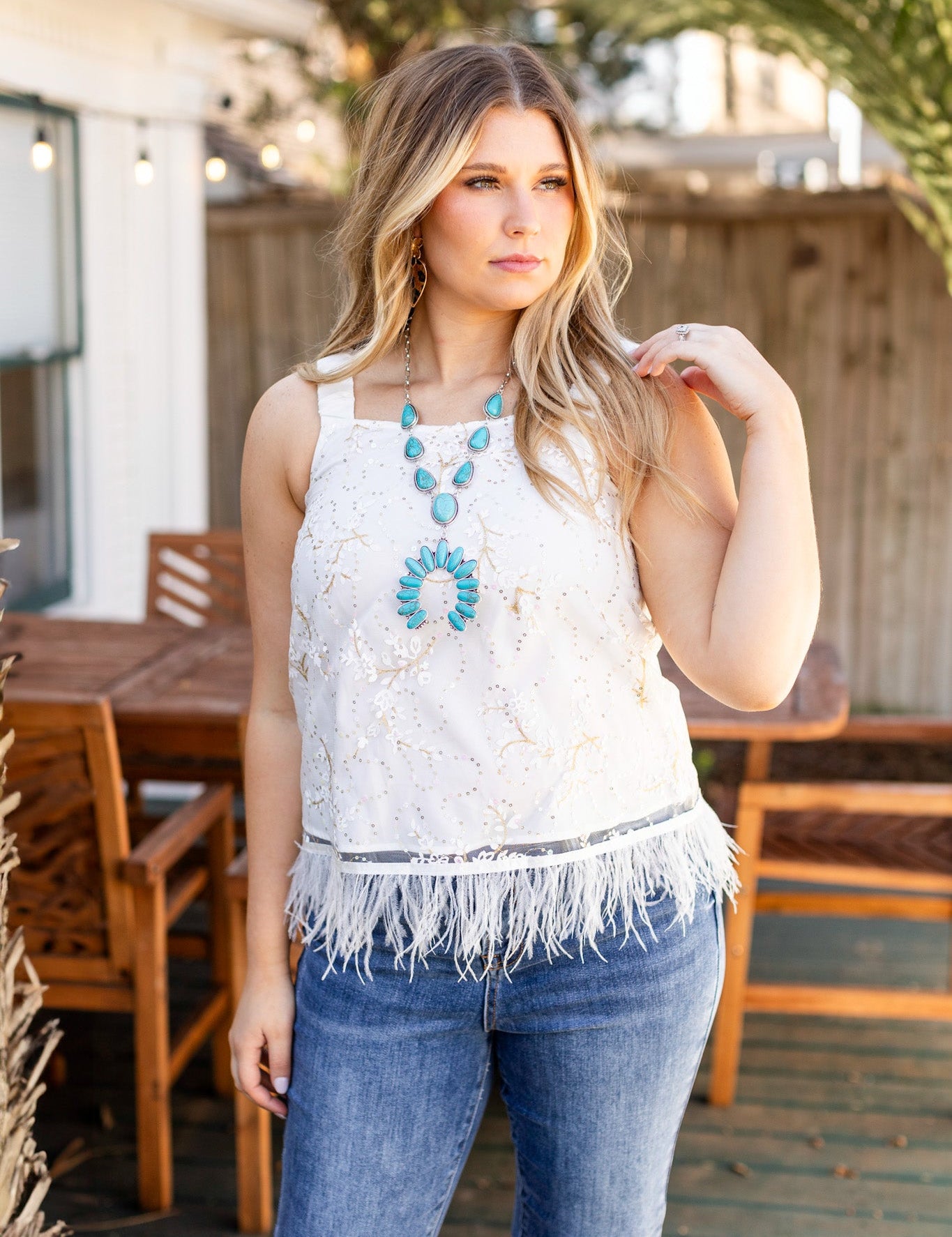 Mesh Top with Feathers, White