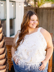 Mesh Top with Feathers, White
