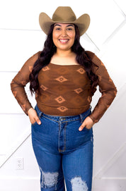 Southwestern Aztec Mesh Top, Brown