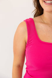 Bella Square Neck Rib Knit Tank Top, Pink